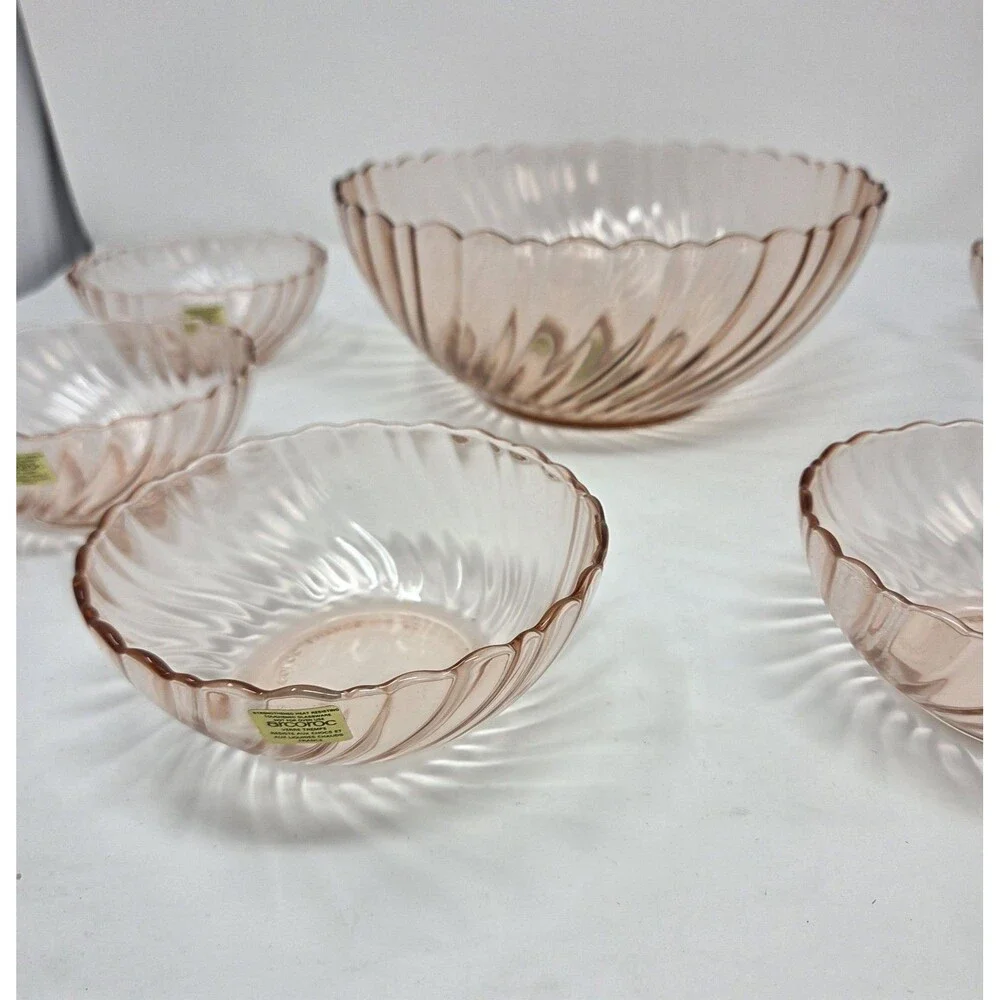 Arcoroc France Rosaline Pink Swirl Glass‎ Salad Bowl Set 7 Pc Vintage 1970s